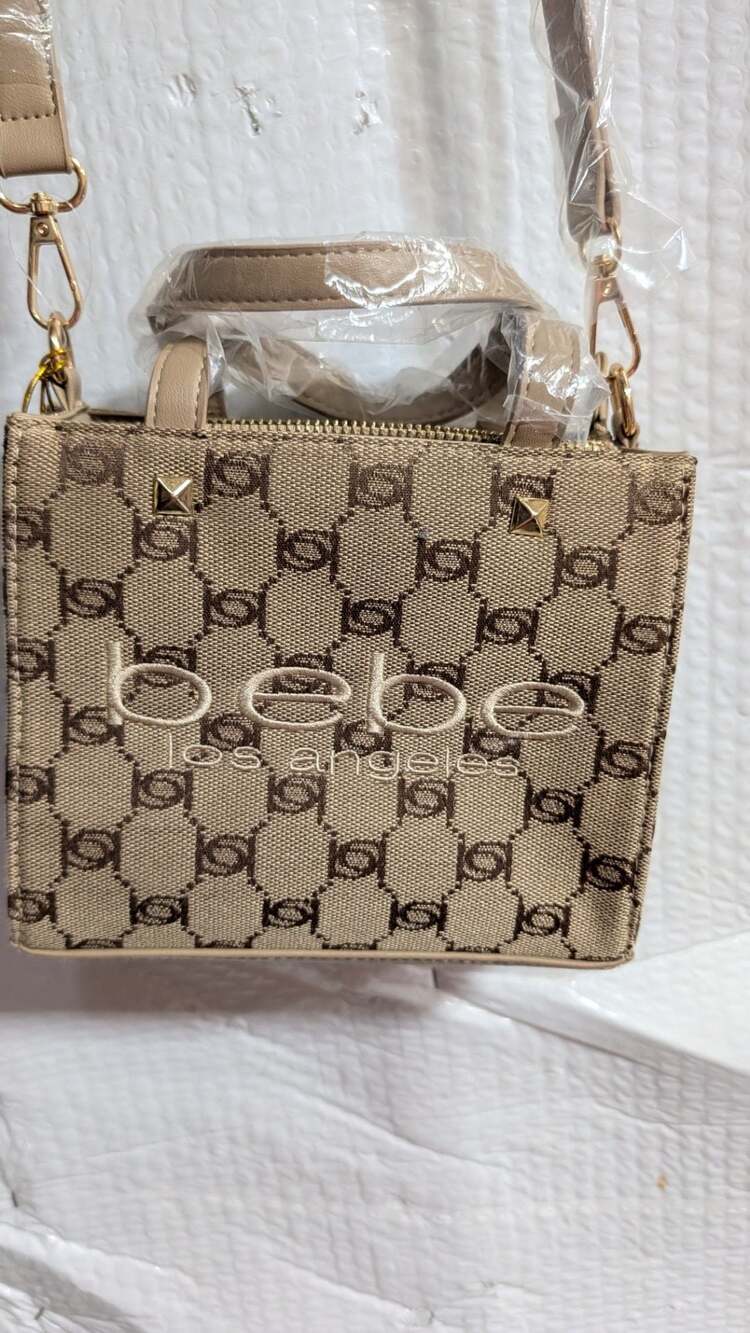 bebe Talulla Mini Satchel Beige Monogram Logo Crossbody Handbag